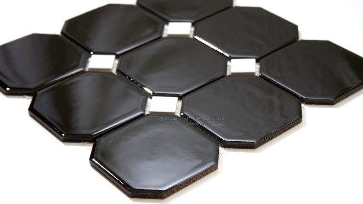 4x4 Octagon Porcelain Mosaic with black insert available at TileDaily
