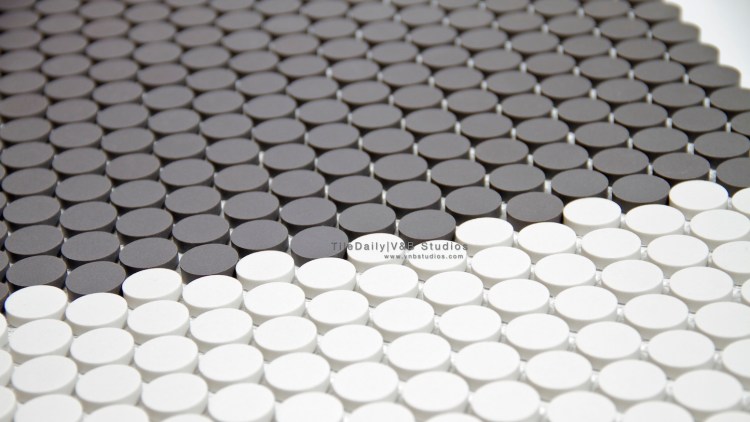 Matte Penny Round Porcelain Mosaic Tile, Dark Grey and White at TileDaily