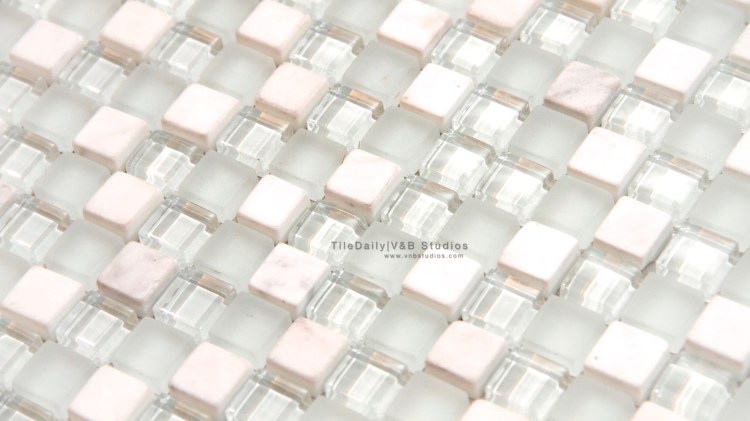 Small Squares Marble and Glass Mosaic, White MixLight Green Glass, Thasos White and White Carrara