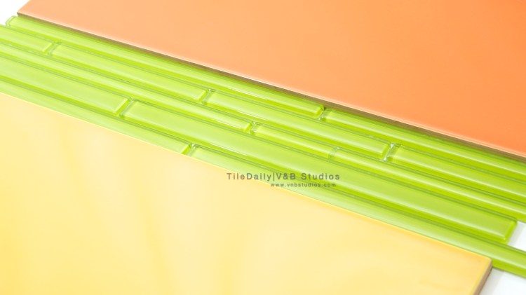 Colori Large Subway Brick, White, Yellow, Orange, With Lime Green Random Linear Glass Mosaic Liner