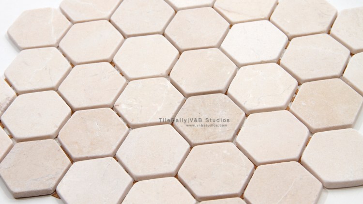 NS0053T - 2" Crema Marfil Marble Hexagon Mosaic, Tumbled