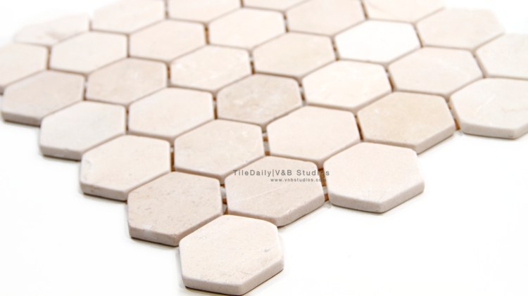 NS0053T - 2" Crema Marfil Marble Hexagon Mosaic, Tumbled