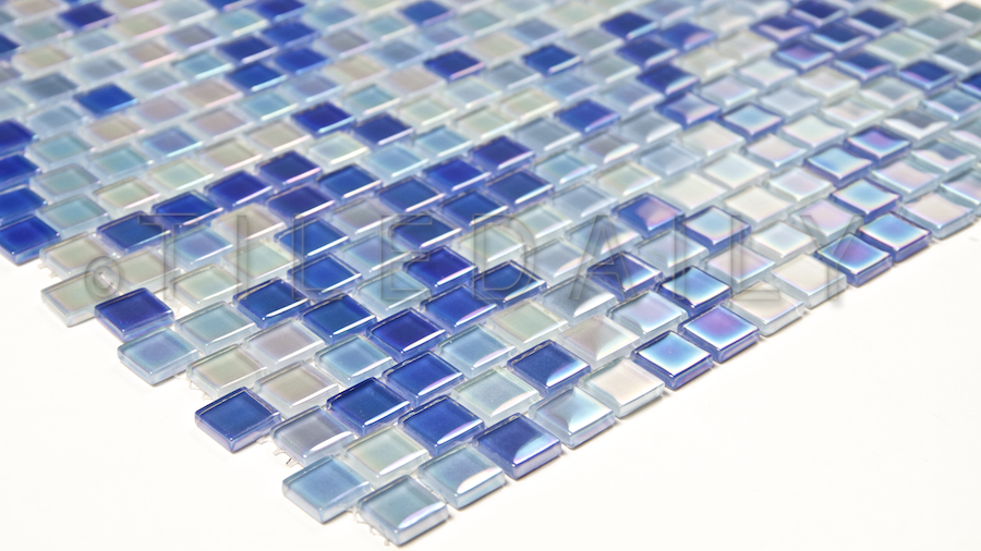 Iridescent Square Brick Glass Mosaic, Mix&nbsp;Blue