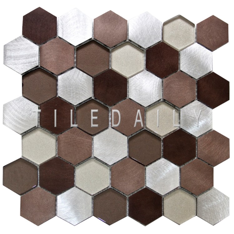 SS0009BZ - Brushed Aluminum Hexagon Glass Mix Mosaic, Silver Bronze