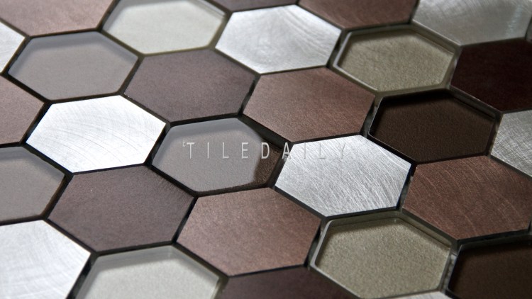 SS0009BZ - Brushed Aluminum Hexagon Glass Mix Mosaic, Silver Bronze