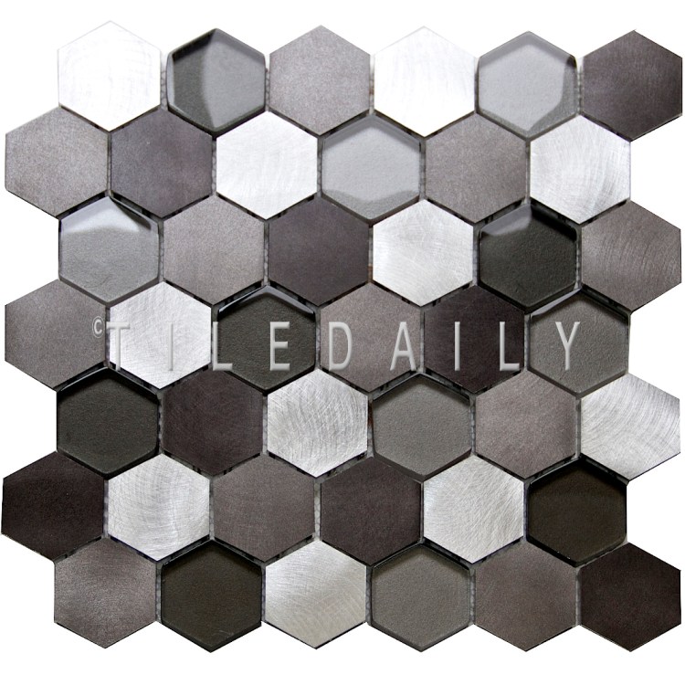 SS0009SR - Brushed Aluminum Hexagon Glass Mix Mosaic, Silver Grey