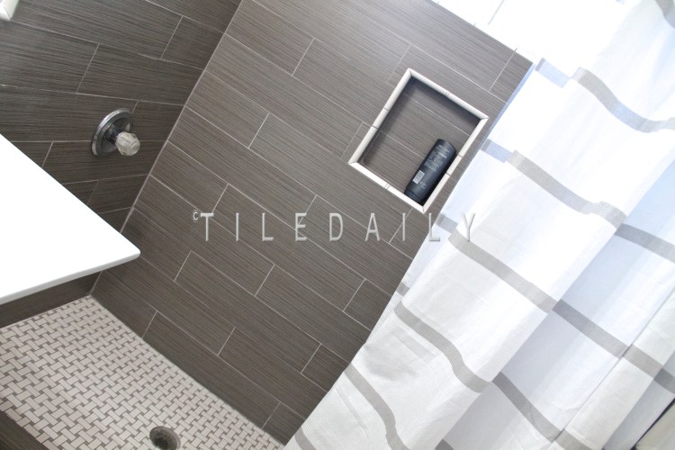 6x24 - Bamboo Pattern Porcelain Tile and Basket Weave Porcelain Mosaic With Grey Dot