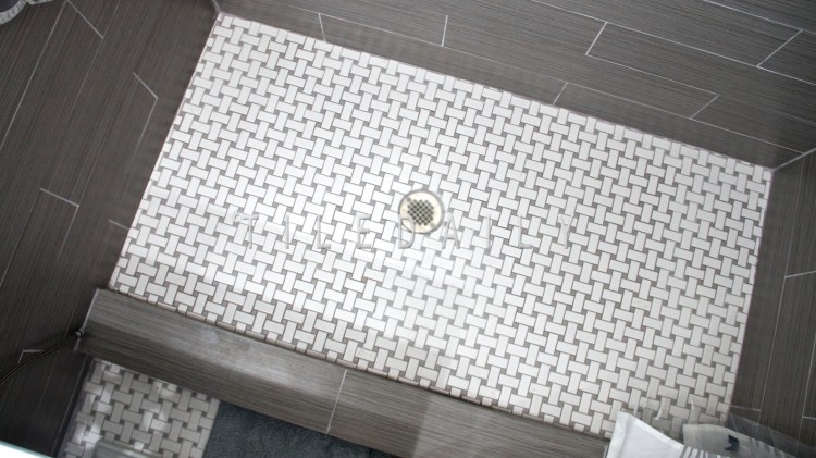 6x24 - Bamboo Pattern Porcelain Tile and Basket Weave Porcelain Mosaic With Grey Dot