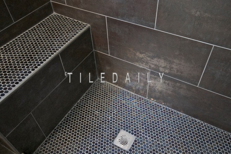 Installation, Bathroom, Corona, CA. Tile Code: MP0041SR Metallic Porcelain, with a matte finish, & GM0012PE Purple Iridescent Glass Mosaic