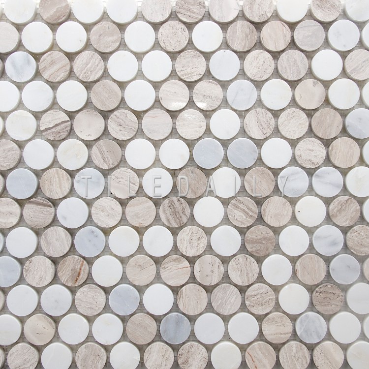 NS0043LBG Natural marble penny round mosaic featuring a lighter color tone from oak marble and carrara.