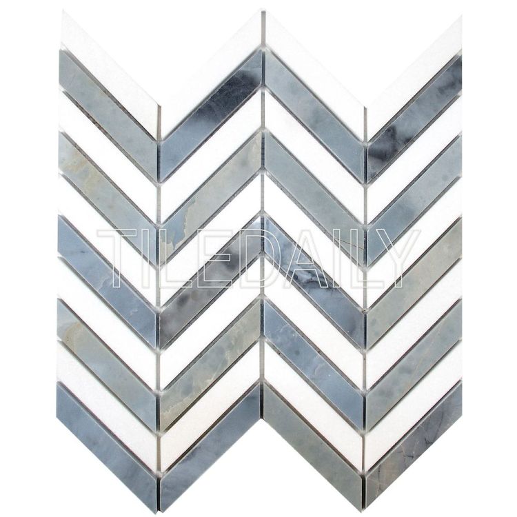Two Tone Chevron Marble Mosaic Tile, White and Bluish Grey at TileDaily