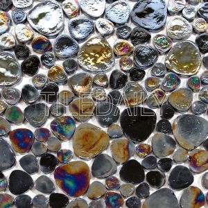 Iridescent Pebble Glass Mosaic, Black. Available at TileDaily