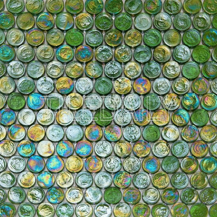 Green Iridescent Penny Round Glass Mosaic Swimming Pool Tile