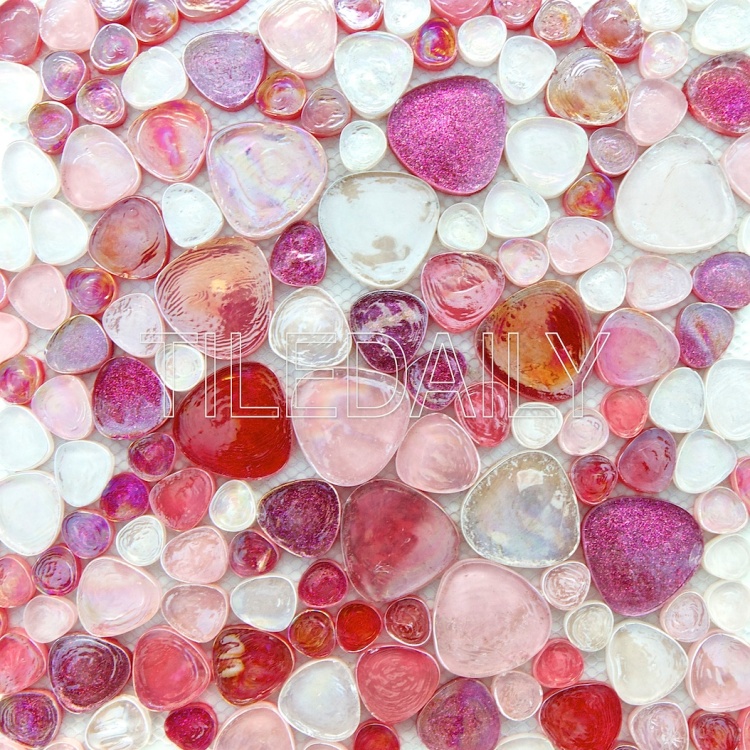iridescent pebble glass mosaic wall tile pink fuschia sparkle