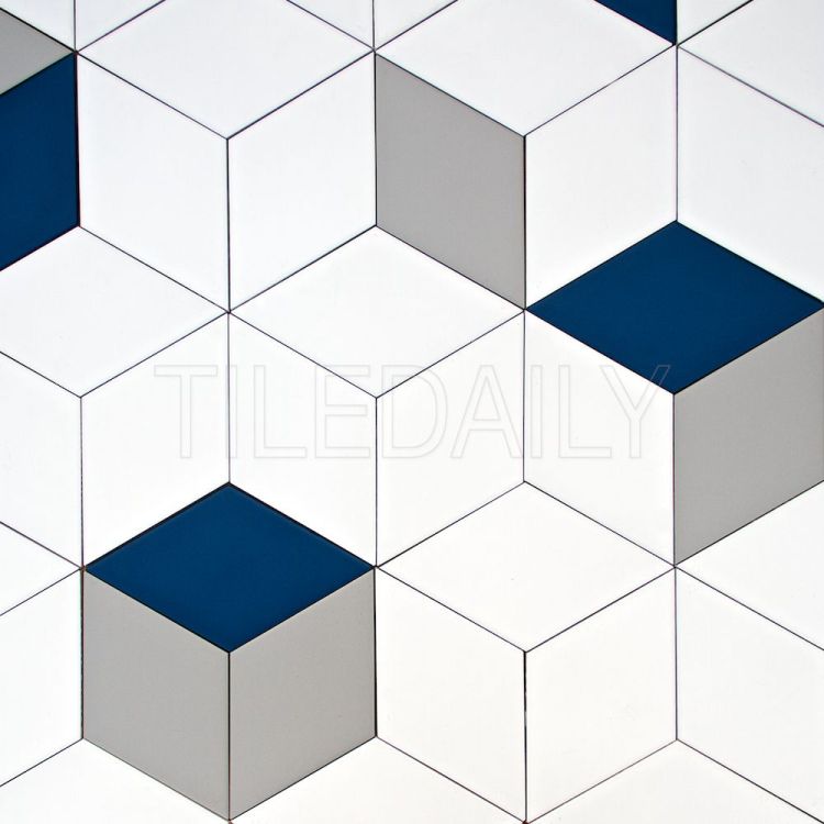 diamond cube Illusion ceramic wall tile navy blue and white