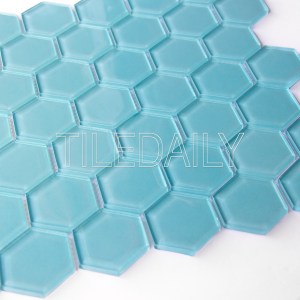light turquoise blue hexagon glass mosaic wall tile and swimming pool waterline