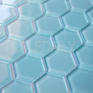 light turquoise blue hexagon glass mosaic wall tile and swimming pool waterline
