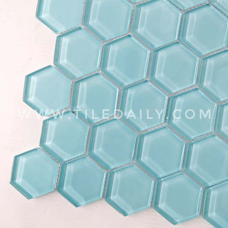 blue glass hexagon mosaic for kitchen wall tile and pool waterline