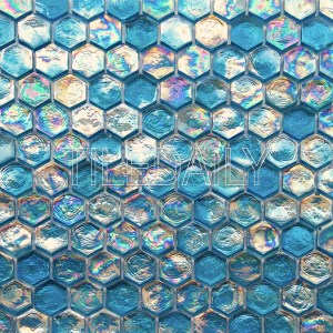 turquoise iridescent glass hexagon mosaic peacock blue for wall and swimming pool tile