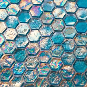 turquoise iridescent glass hexagon mosaic peacock blue for wall and swimming pool tile